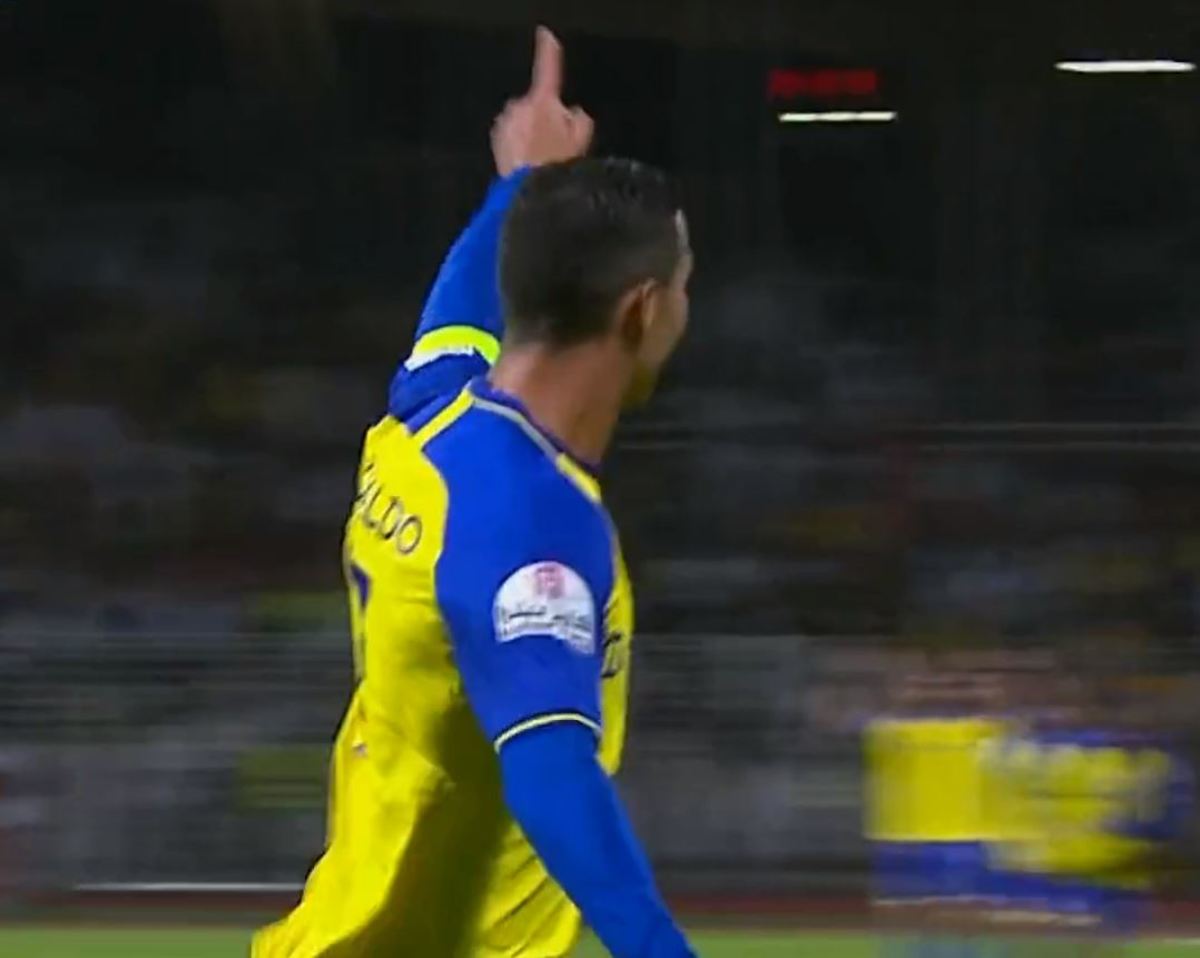 Cristiano Ronaldo pictured celebrating after scoring the fifth goal of his Al Nassr career, during his team's win at Al-Wehda in February 2023